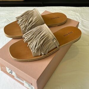 Miu Miu NIB Fringe Suede Donna Slide Sandals- Quarzo-  Size 39.5 (9.5)